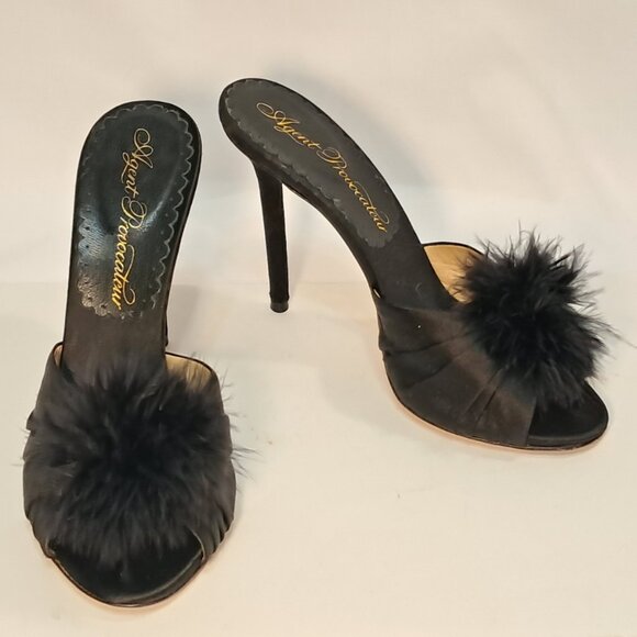 Agent Provocateur Shoes - Agent Provocateur Elice Mules Satin 4.5" Stiletto Heels Feathers Black